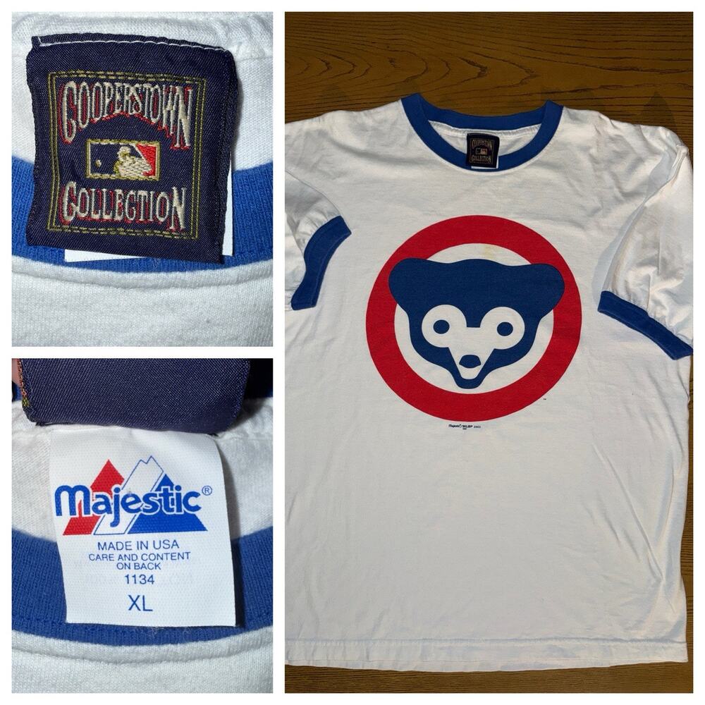 2003 MLB Chicago Cubs Majestic White BEAR Blue Ringer T Shirt XL Cooperstown EUC